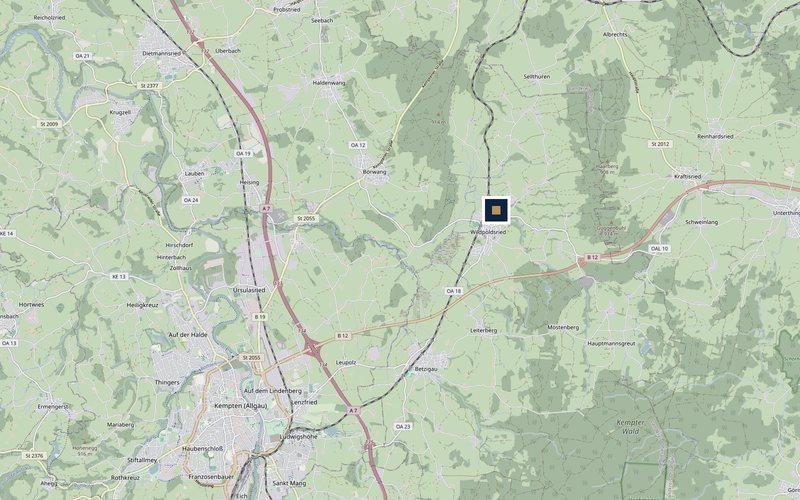 Karte: Lage des Betriebshofs von Rothermel Reisen in Wildpoldsried, nordöstlich von Kempten nahe der A 7 und B 12