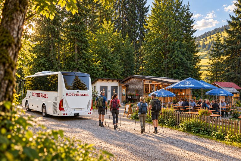 Wandergruppe auf dem Weg zum Biergarten einer Alm, daneben ein Reisebus von Rothermel Reisen
