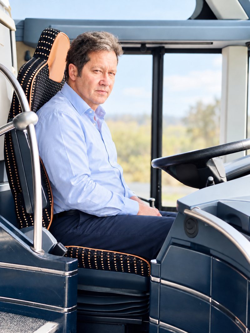 Busfahrer von Rothermel Reisen am Fahrerplatz eines Reisebusses