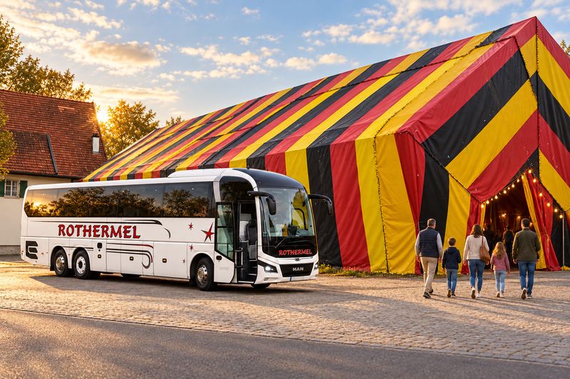 Weißer Reisebus von Rothermel Reisen vor einem Festzelt im Abendlicht