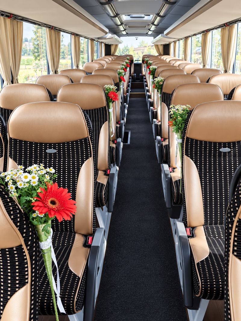 Innenraum des Reisebusses mit Blumensträußen an den Sitzen