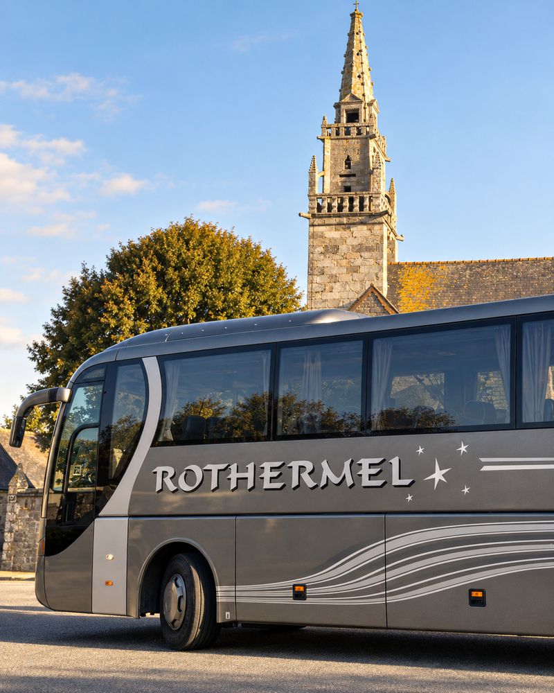 Grauer Reisebus von Rothermel Reisen vor einem alten Kirchturm